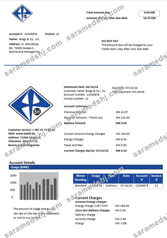Bosnia and Herzegovina Elektroprivreda BiH electricity business utility bill template in Word and PDF